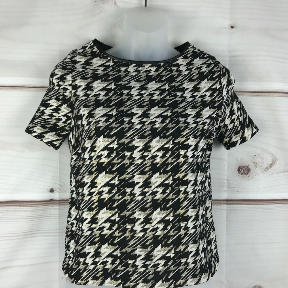 Aqua Top Womens XS Metallic Jacquard Short Sleeve Houndstooth Crew Neck Blouse